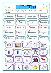 English Worksheet: What to bring for Hiking