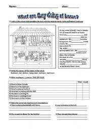 English Worksheet: what are they doing at home? present continuos and house vocab.