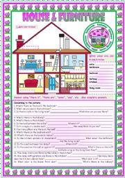 English Worksheet: House & Furniture: vocabulary  there is  there are  can  prepositions 3 tasks  B&W version  teachers handout with keys  3 pages  fully editable