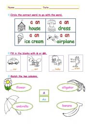 English Worksheet: articles a/an