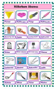 English Worksheet: kitchen items pictionary