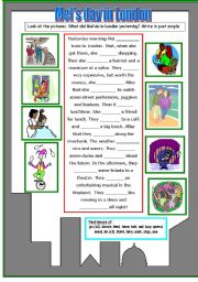 English Worksheet: Mels day in London - writing in past simple, regular and irregular verbs