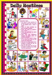 English Worksheet: Daily Routines: speaking  writing  game (find someone who)  vocabulary (routines)  grammar (present simple + adverbs of frequency)  4 tasks  2 pages  fully editable