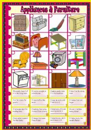 English Worksheet: Furniture & Appliances: vocabulary  riddles  matching  keys included  2 pages  fully editable