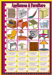 English Worksheet: Furniture & Appliances: vocabulary  riddles  matching  keys included  2 pages  fully editable