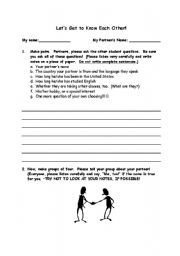 English worksheet: Getting to Know You:  Pairs/Groups