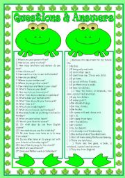 English Worksheet: Questions & Answers with the frogs: matching activity  writing abilities  reading comprehension for beginners  grammar (to be, present simple, interrogative pronouns, there to be, present continuous)  B&W version  teachers handout with keys  3 page