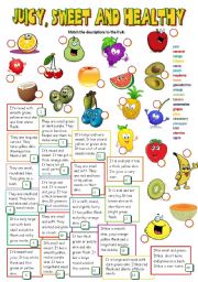 English Worksheet: JUICY, SWEET AND HEALTHY *fruit* (B&W + KEY included)