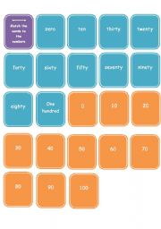 English Worksheet: Numbers 0 - 100 :: match-up game or mini flashcards