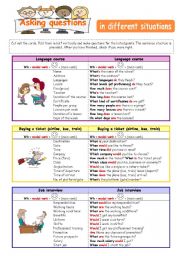 English Worksheet: Asking questions in different situations - forming questions (2 pages)