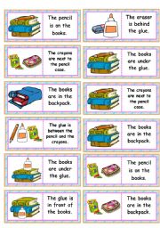 English Worksheet: Dominoes: school objects  prepositions  28 dominoes  7 school objects and prepositions  editable