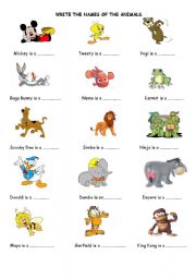 English Worksheet: Cartoon Animals