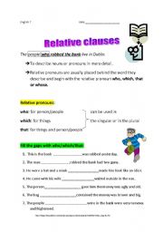 English Worksheet: Introduction relative clauses and relative pronouns with exercise 