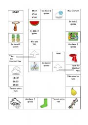 English Worksheet: Board game - revision of clothes, weather and fruit 