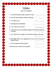 English Worksheet: Fruit and Vegetable Riddles