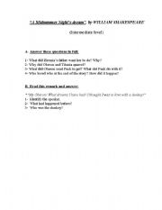 English Worksheet: A Midsummer Nights Dream - William Shakespeare