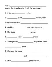 English Worksheet: The/A/Are/Is finish the sentence