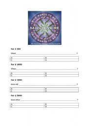 Who wants to be a millionaire? Blank questionnaire