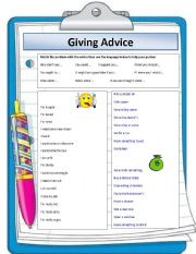 English Worksheet: Giving Advice - Problems and advice with necessary language