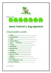 English worksheet: st Patrick s Day  symbols unscramble words 