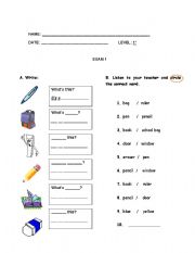 English worksheet: Classroom Supplies Exam