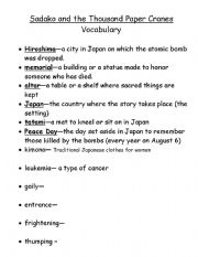 English worksheet: Sadako and the Thousand Paper Cranes Vocabulary