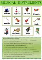 English Worksheet: Musical instruments Dictionary + Exercises + Teachers Keys