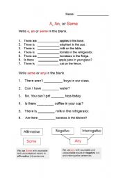 English Worksheet: a,an, some