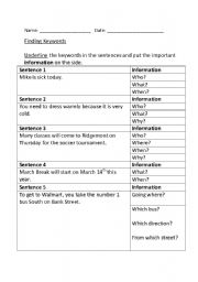 English Worksheet: Finding Keywords