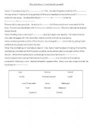 English Worksheet: Why did Henry and Thomas Becket quarrel word cloze worksheet
