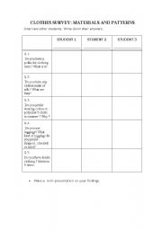 English Worksheet: clothes survey : materials and patterns