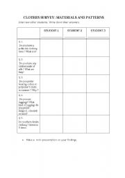 English worksheet: clothes survey : materials and patterns