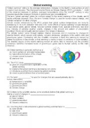 English Worksheet: Global Warming, pollution, the environment, multiple choice. 