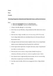 English Worksheet: Identifying Fragments, Clauses, and Run Ons