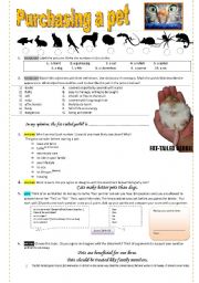 English Worksheet: PURCHASING A PET- vocabulary practice, speaking, GAME, writing ! + KEY