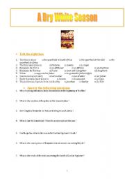 English worksheet: worksheet on the film A Dry White Season