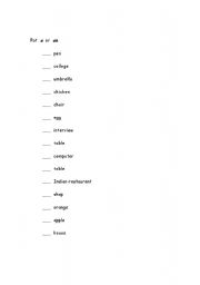 English worksheet: A or an