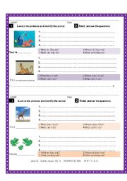 English Worksheet: Writing skills. Stating facts about active animals. Talking about ability. 