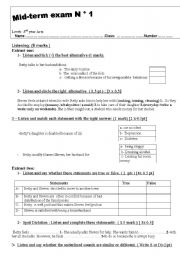 English Worksheet: Mid- term exam  3rd Form secondary education