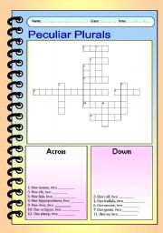 English Worksheet: Peculiar Plurals - Irregular Animal Plurals Crossword
