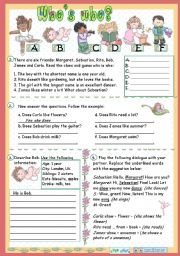 English Worksheet: Whos who - Elementary, all skills, Present Simple, b&w and key included