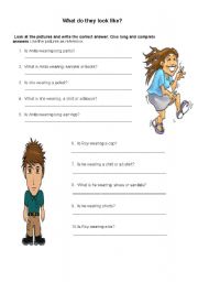 English worksheet: what is he/she wearing, clothes, questions using to be. 