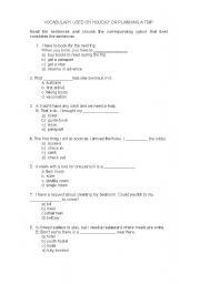 English worksheet: planning a trip, vocabulary. hotel, hostel, motel. multiple choice. 