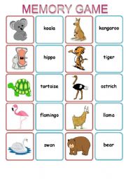 English Worksheet: AT THE ZOO MEMORY GAME 1