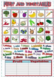 English Worksheet: FRUIT AND VEGETABLE (B&W + KEY)