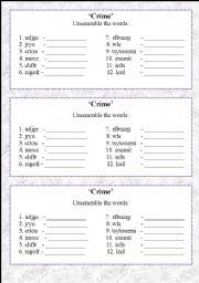 English worksheet: Crime: Unscramble the words