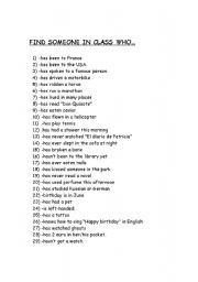English Worksheet: FIND SOMEONE IN CLASS WHO