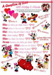 English Worksheet: Wh Questions & Answers with Mickey & Minnie & Valentines Theme