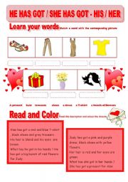 English Worksheet: VALENTINES DAY FUN - she/he has got - his/her