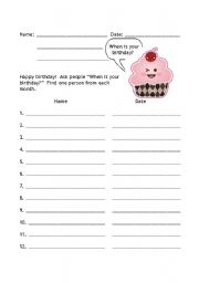 English worksheet: Birthday Worksheet